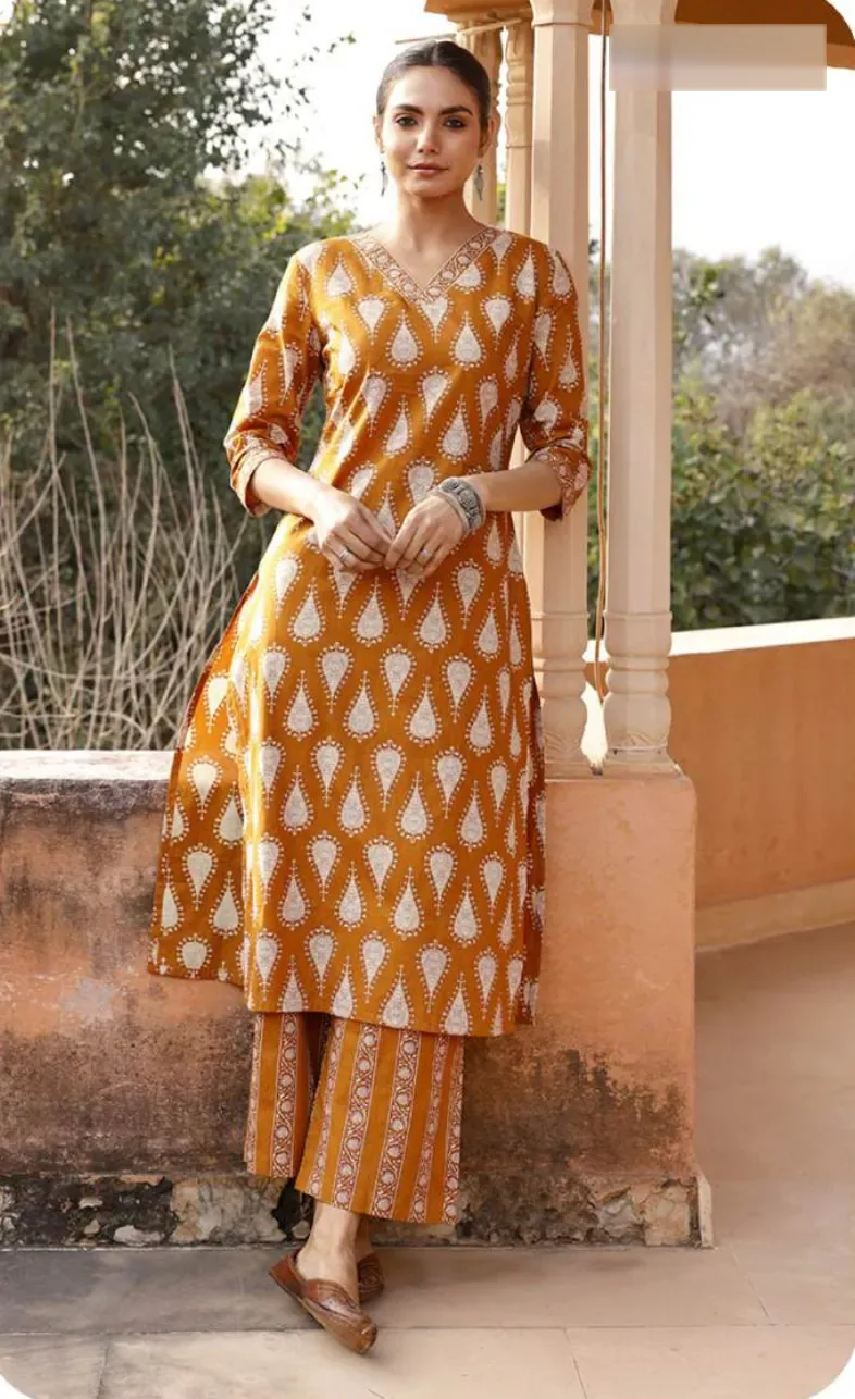 Mustard Ikat Print Cotton Kurti Pant Set