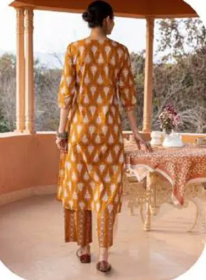 Mustard Ikat Print Cotton Kurti Pant Set