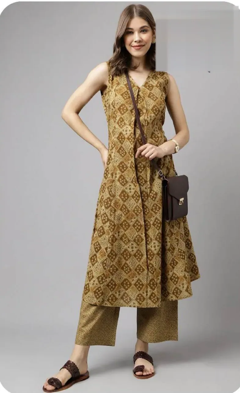 Mustard Olive Print Sleeveless Cotton Kurti Pant Set
