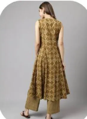 Mustard Olive Print Sleeveless Cotton Kurti Pant Set