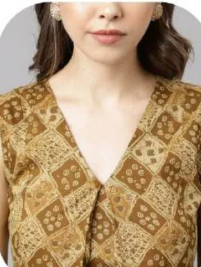 Mustard Olive Print Sleeveless Cotton Kurti Pant Set