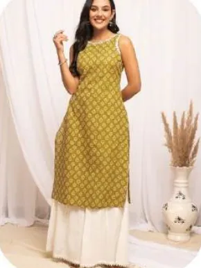 Mustard Printed Sleeveless Cotton Kurti