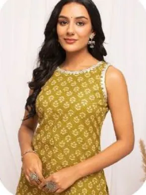 Mustard Printed Sleeveless Cotton Kurti