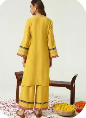 Mustard Yellow Embroidered Chanderi Kurti Pant Set