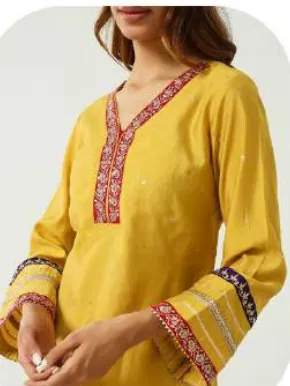Mustard Yellow Embroidered Chanderi Kurti Pant Set