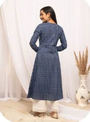 Navy Blue Printed A-Line Cotton Kurti