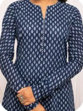Navy Blue Printed A-Line Cotton Kurti