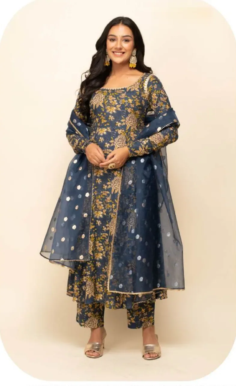 Navy Floral Print Cotton Kurta Set with Dupatta