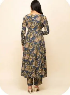 Navy Floral Print Cotton Kurta Set with Dupatta