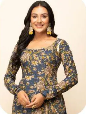 Navy Floral Print Cotton Kurta Set with Dupatta
