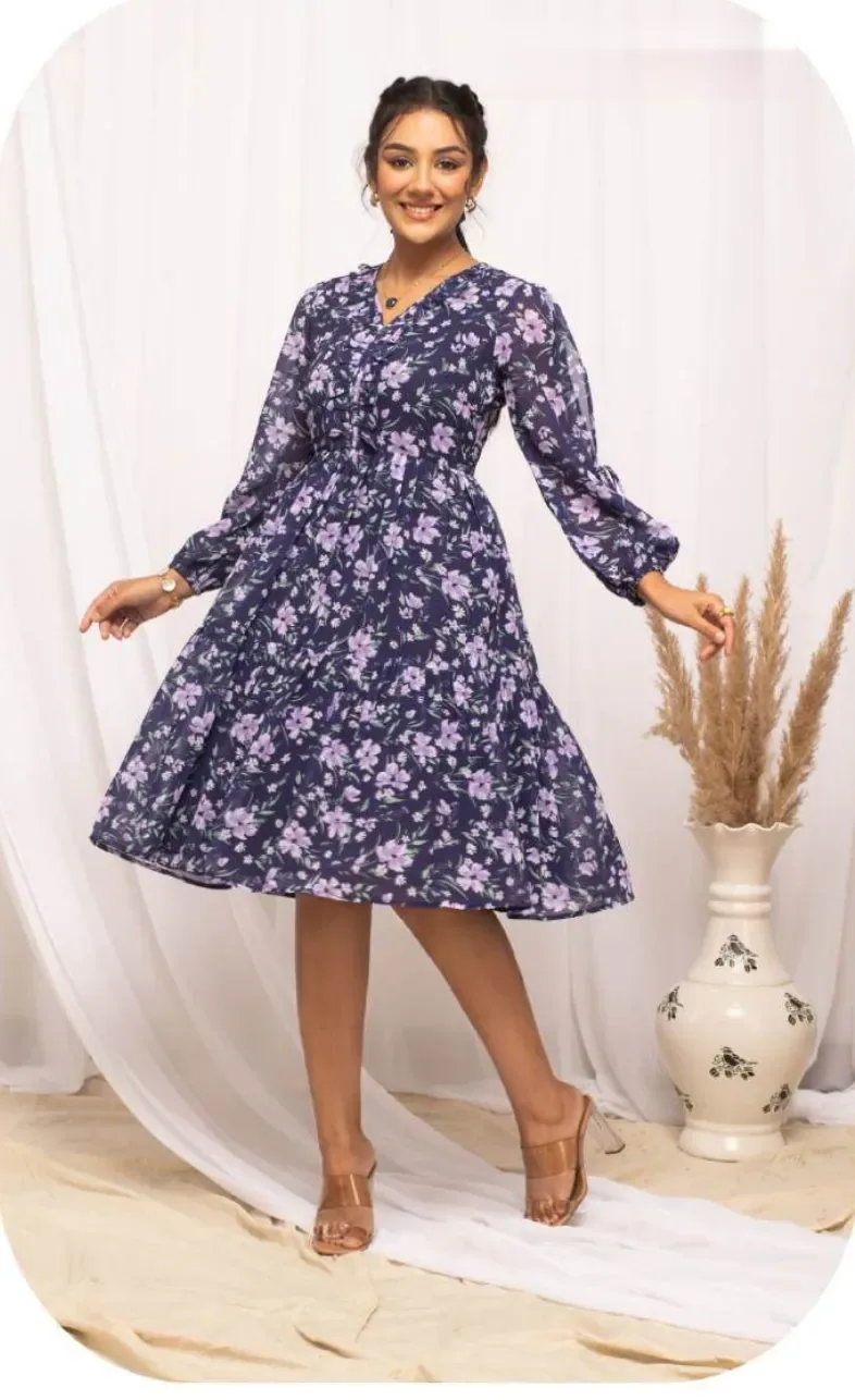 Navy Floral Print Midi Georgette Dress