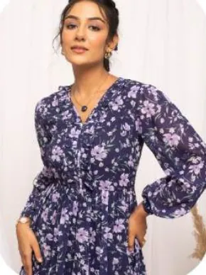 Navy Floral Print Midi Georgette Dress