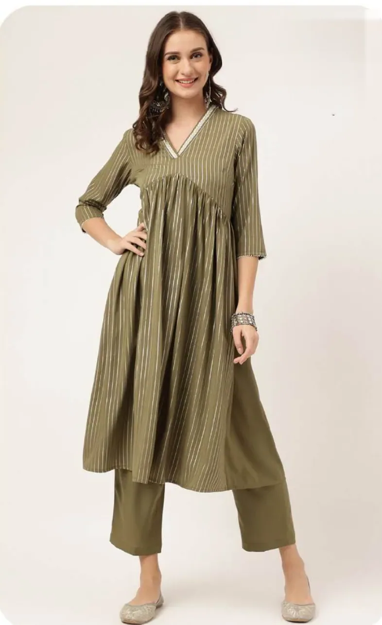 Olive A-Line Poly Crepe Kurti Pant Set