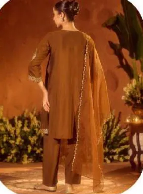 Olive Brown Embroidered Viscose Chanderi Kurta Set with Dupatta