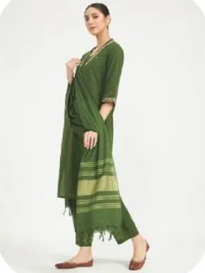 Olive Green Linen Kurta Set with Dupatta