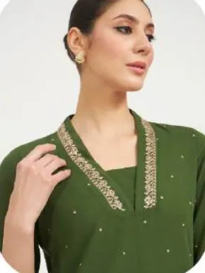 Olive Green Linen Kurta Set with Dupatta