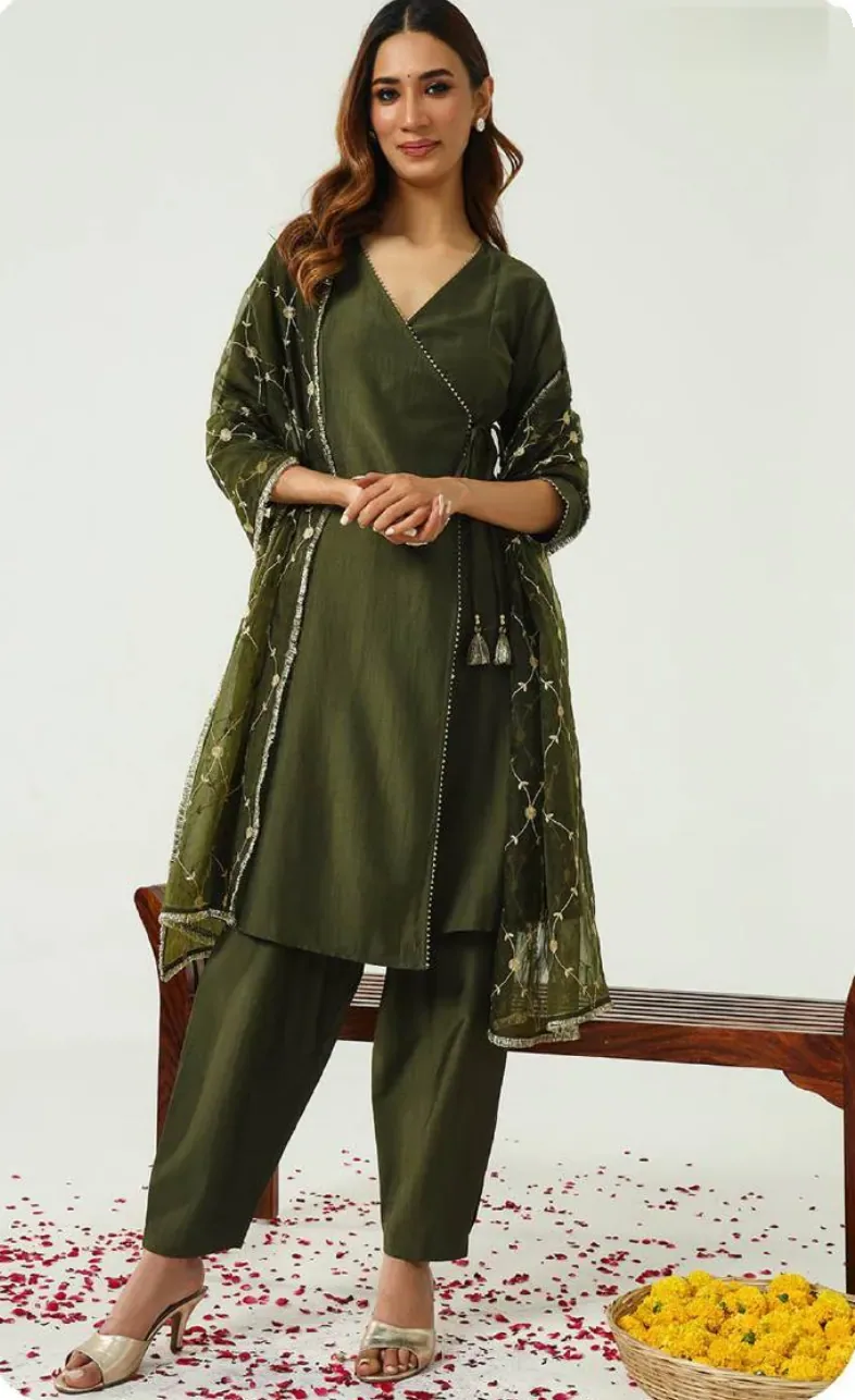 Olive Green Silk Blend Kurta Set with Dupatta