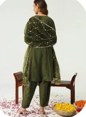 Olive Green Silk Blend Kurta Set with Dupatta