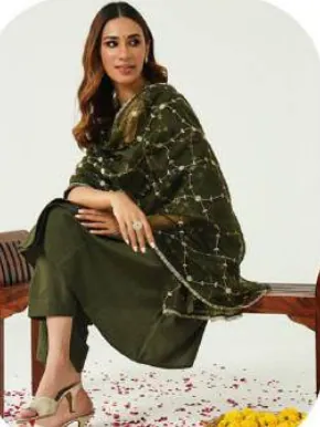 Olive Green Silk Blend Kurta Set with Dupatta