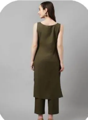 Olive Green Sleeveless Rayon Kurti Pant Set