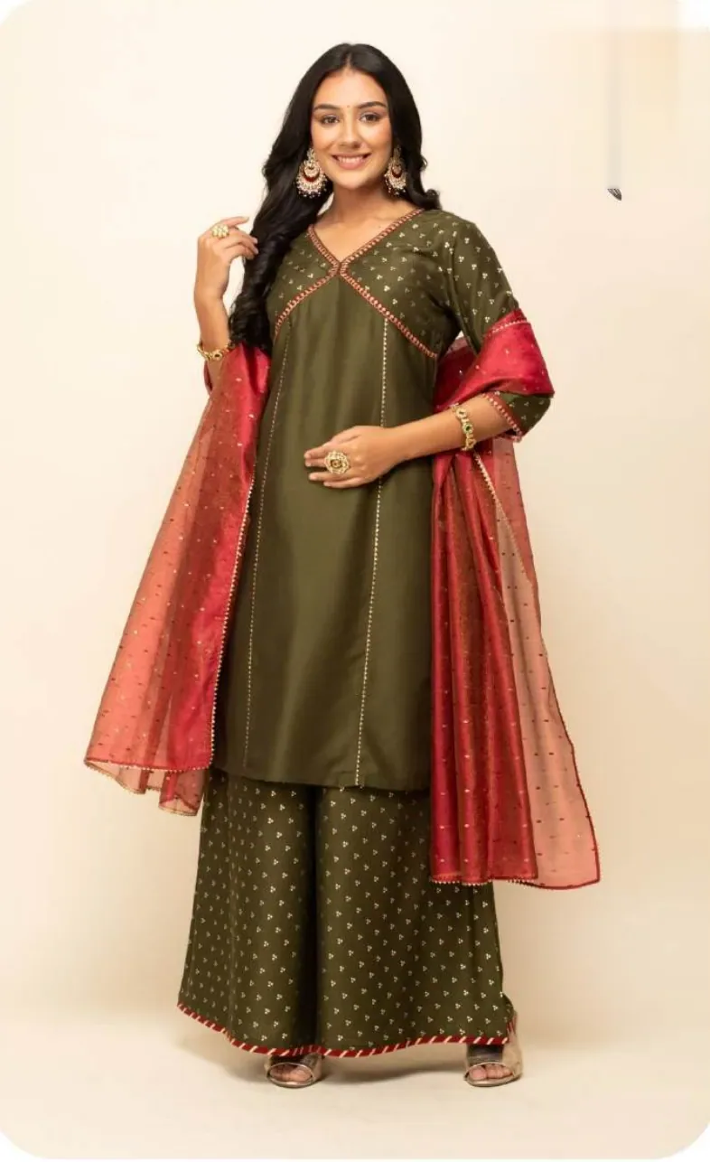Olive Silk Blend Kurta Palazzo Set with Dupatta