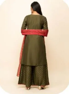 Olive Silk Blend Kurta Palazzo Set with Dupatta