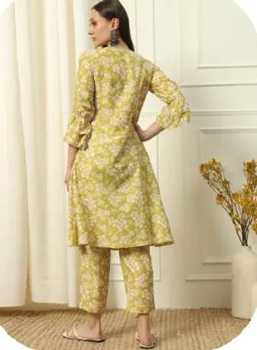 Olive Yellow Floral Print Cotton Blend Kurti Pant Set