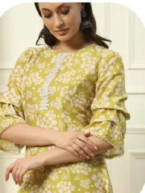 Olive Yellow Floral Print Cotton Blend Kurti Pant Set