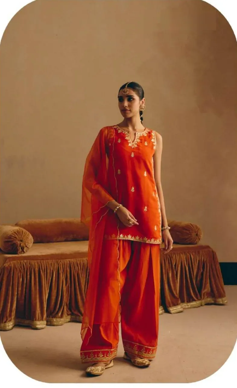 Orange Embroidered Viscose Chanderi Kurta Palazzo Set with Dupatta