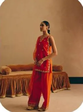 Orange Embroidered Viscose Chanderi Kurta Palazzo Set with Dupatta
