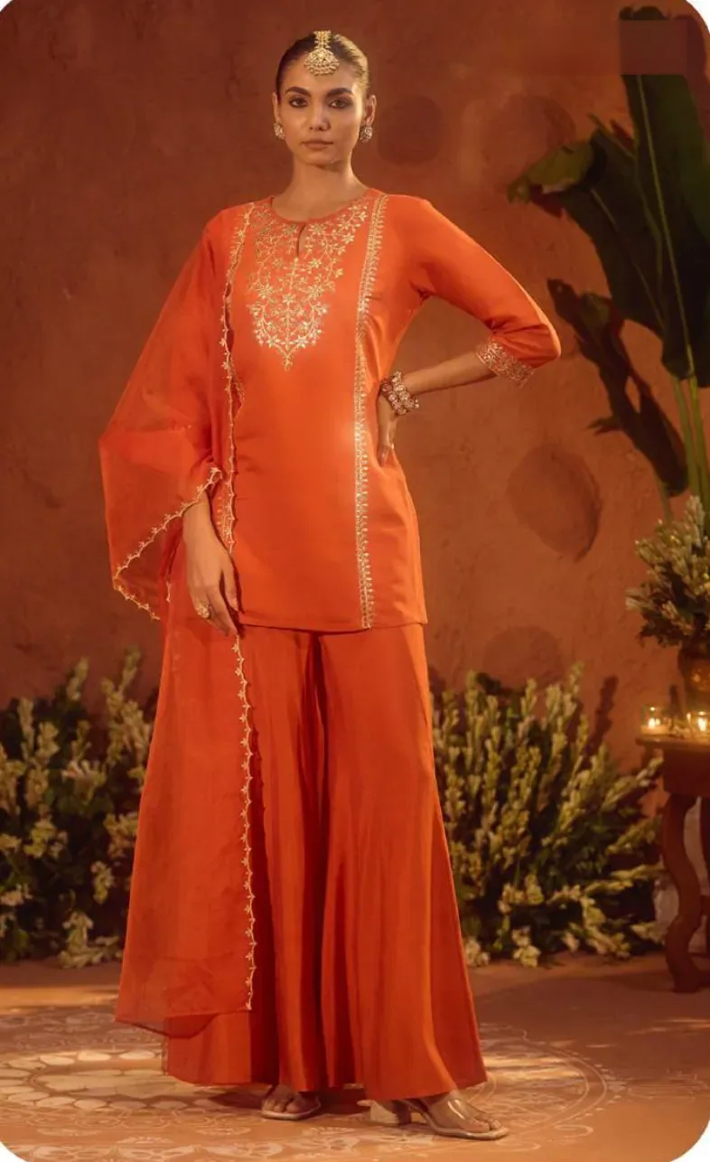 Orange Embroidered Viscose Chanderi Kurta Set with Dupatta
