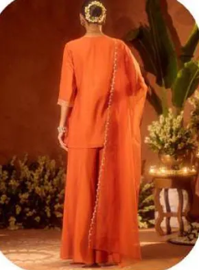 Orange Embroidered Viscose Chanderi Kurta Set with Dupatta