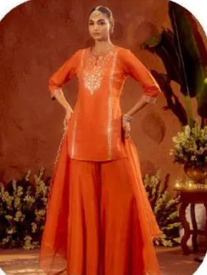 Orange Embroidered Viscose Chanderi Kurta Set with Dupatta