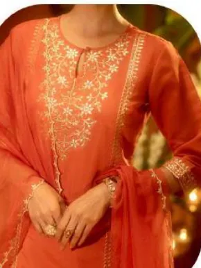 Orange Embroidered Viscose Chanderi Kurta Set with Dupatta