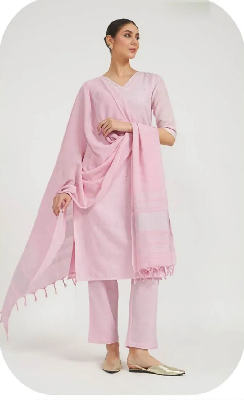 Pastel Pink Linen Kurta Set with Dupatta
