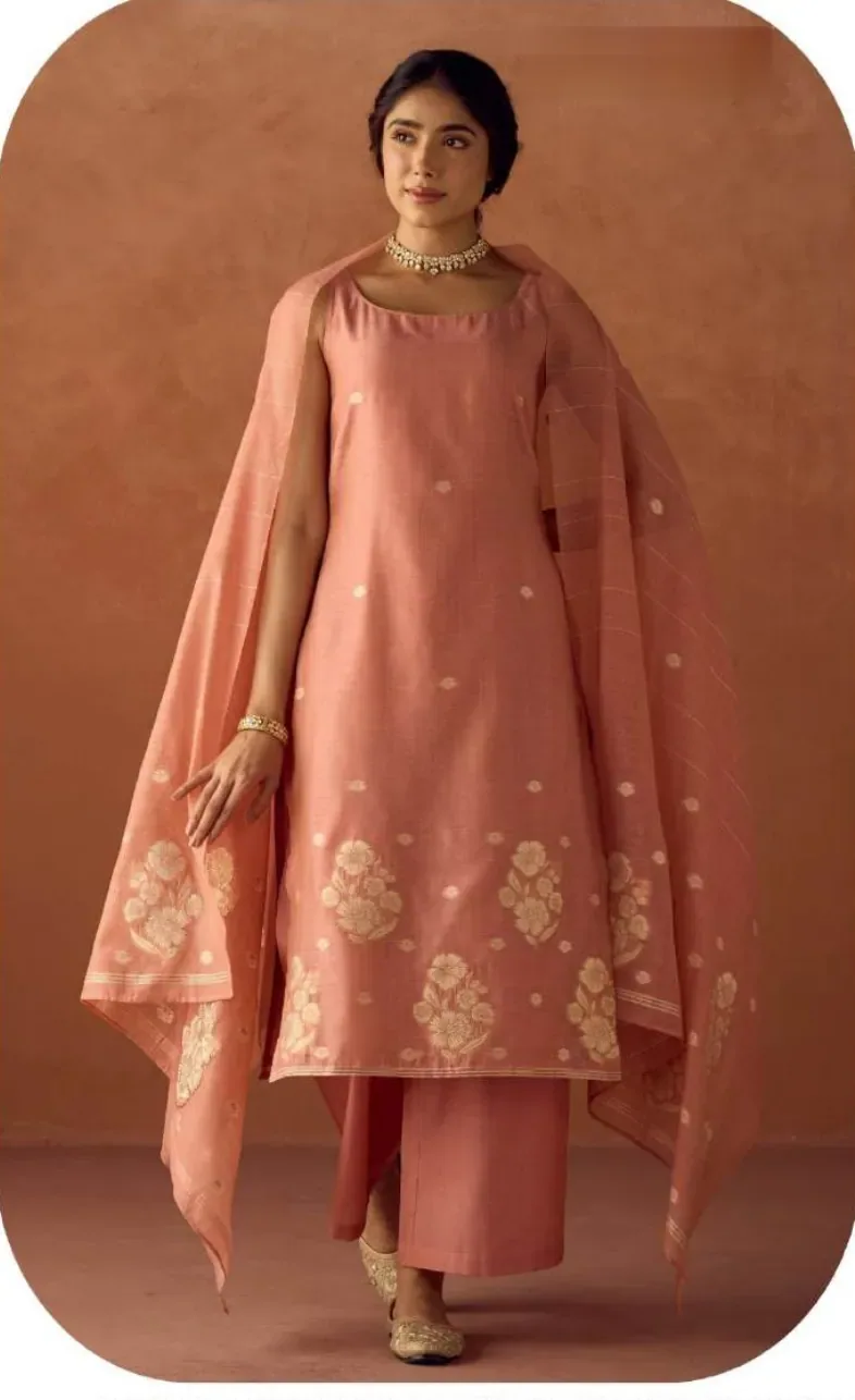 Peach Cotton Blend Jacquard Kurta Palazzo Set with Dupatta
