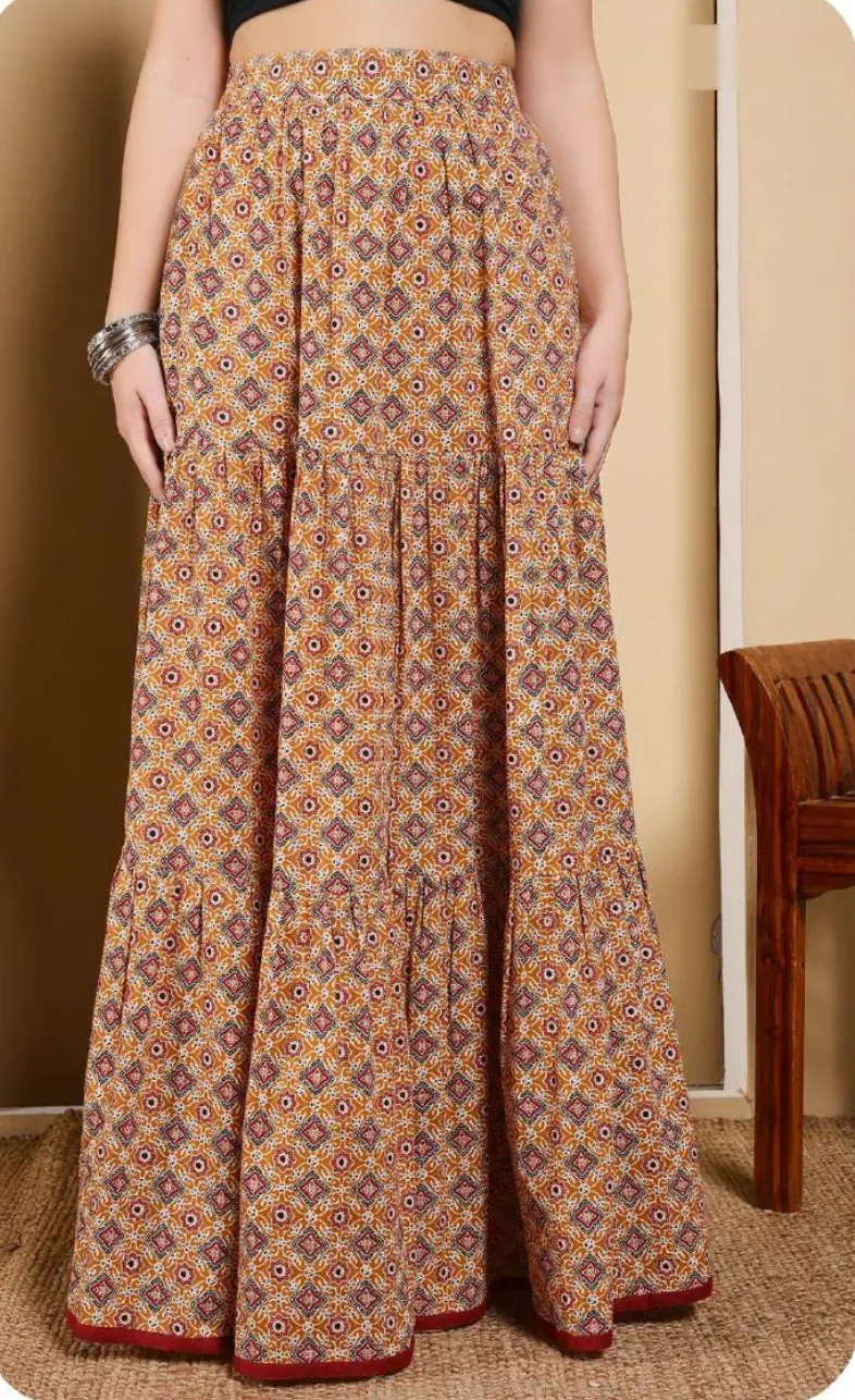 Peach Geometric Print Cotton Tiered Skirt