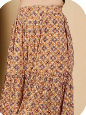Peach Geometric Print Cotton Tiered Skirt