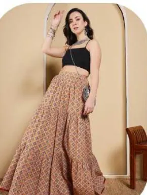 Peach Geometric Print Cotton Tiered Skirt