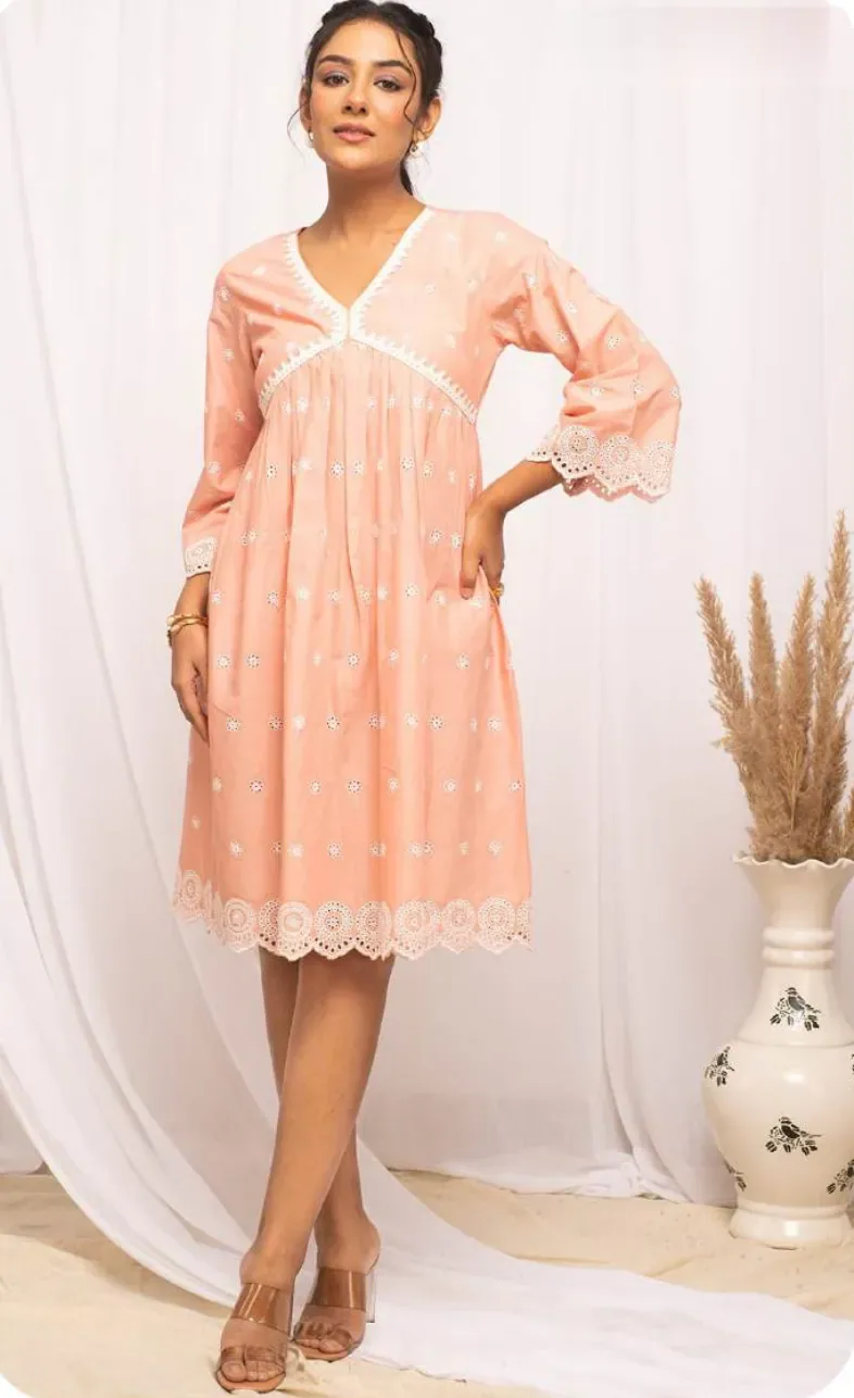 Peach Schiffli Wrap Cotton Dress