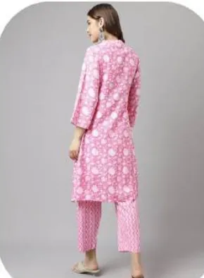 Pink Floral Print Cotton Kurti Pant Set