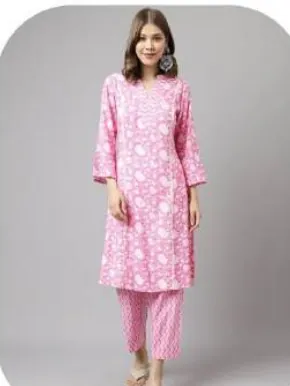 Pink Floral Print Cotton Kurti Pant Set
