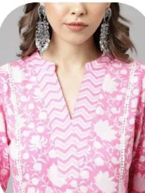 Pink Floral Print Cotton Kurti Pant Set