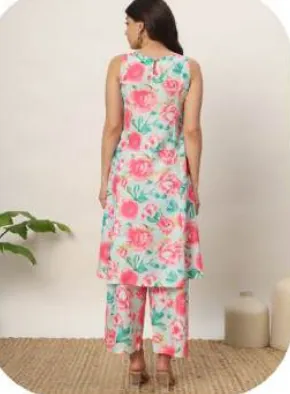 Pink Floral Print Sleeveless Cotton Blend Kurti Pant Set