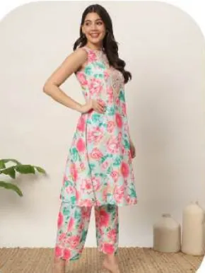 Pink Floral Print Sleeveless Cotton Blend Kurti Pant Set