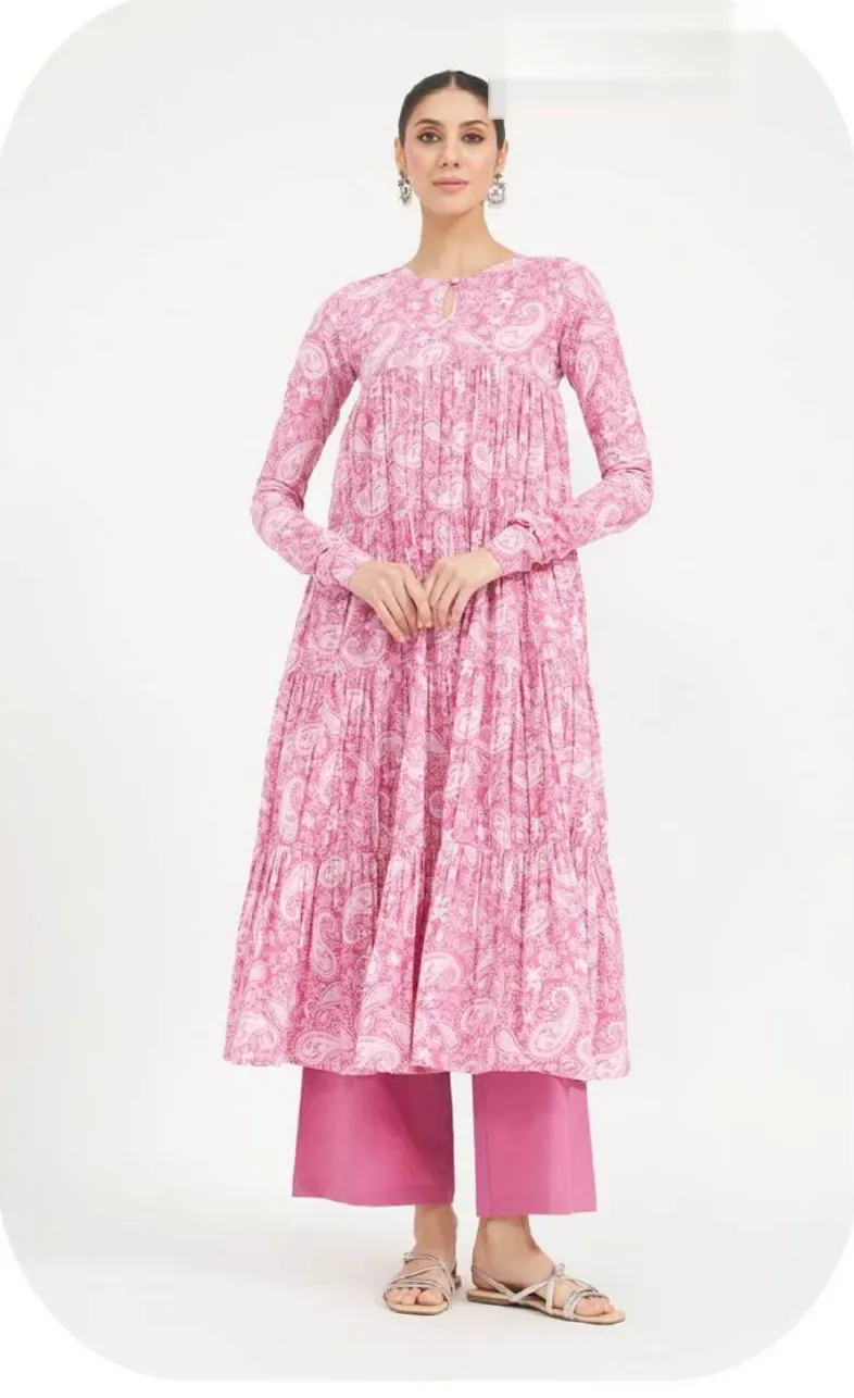 Pink Floral Print Tiered Anarkali Cotton Kurti