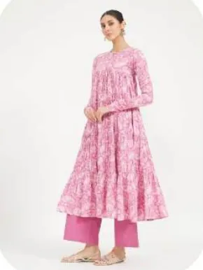Pink Floral Print Tiered Anarkali Cotton Kurti