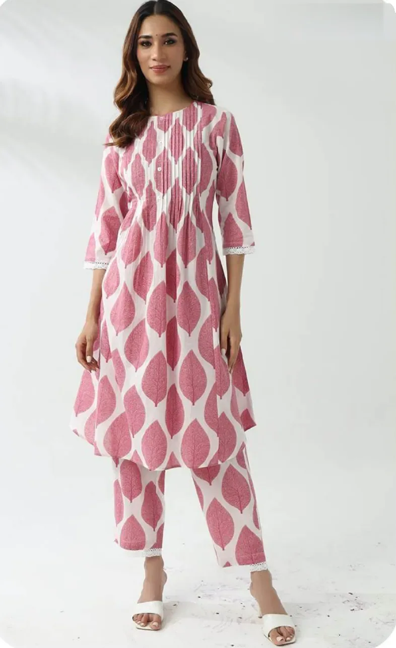 Pink Ikat Print Cotton Kurti Pant Set