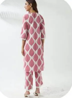 Pink Ikat Print Cotton Kurti Pant Set