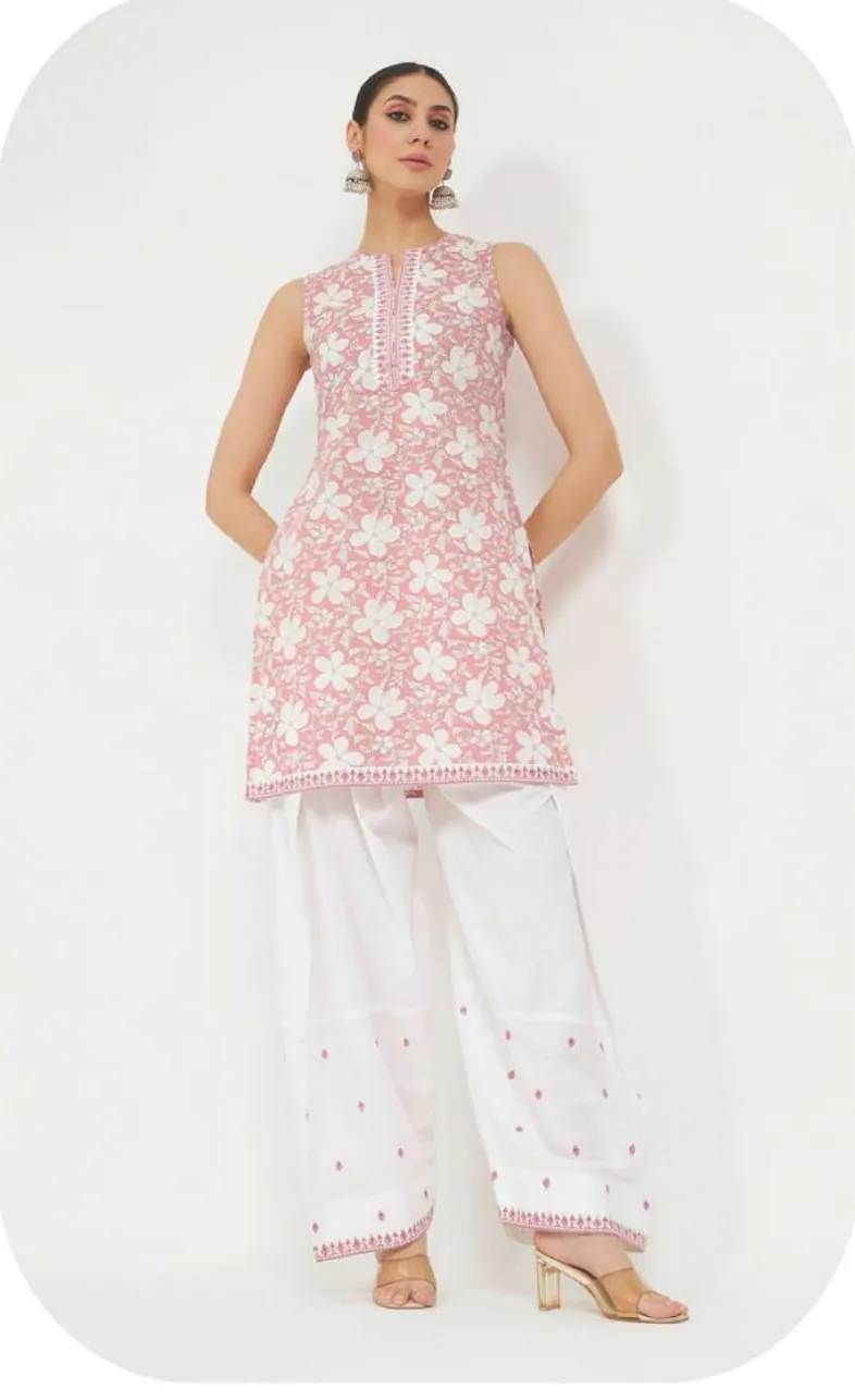 Pink Print Sleeveless Cotton Kurti & Farsi Salwar Set
